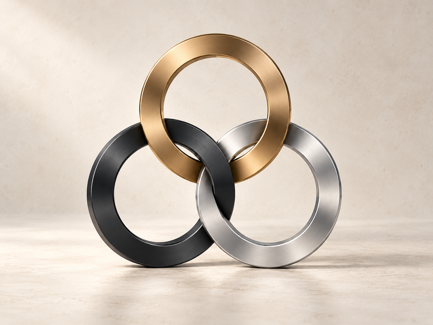 Three interlocking rings representing finance, process and technology