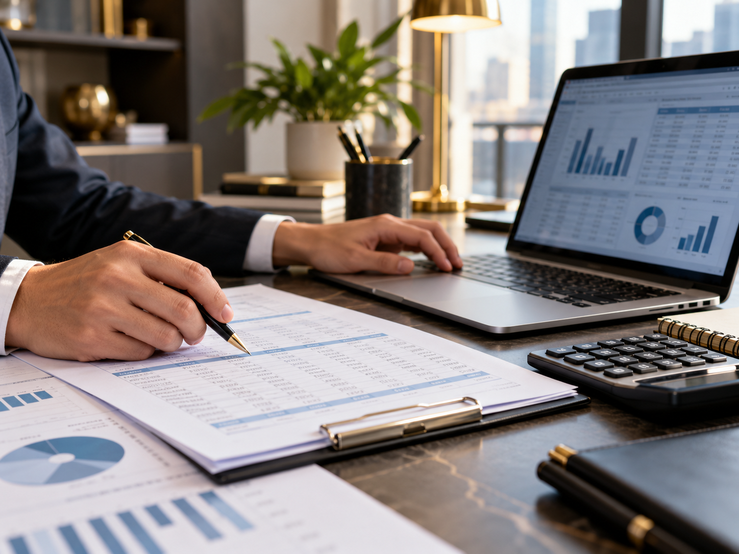 Financial records reviewed alongside a laptop and calculator
