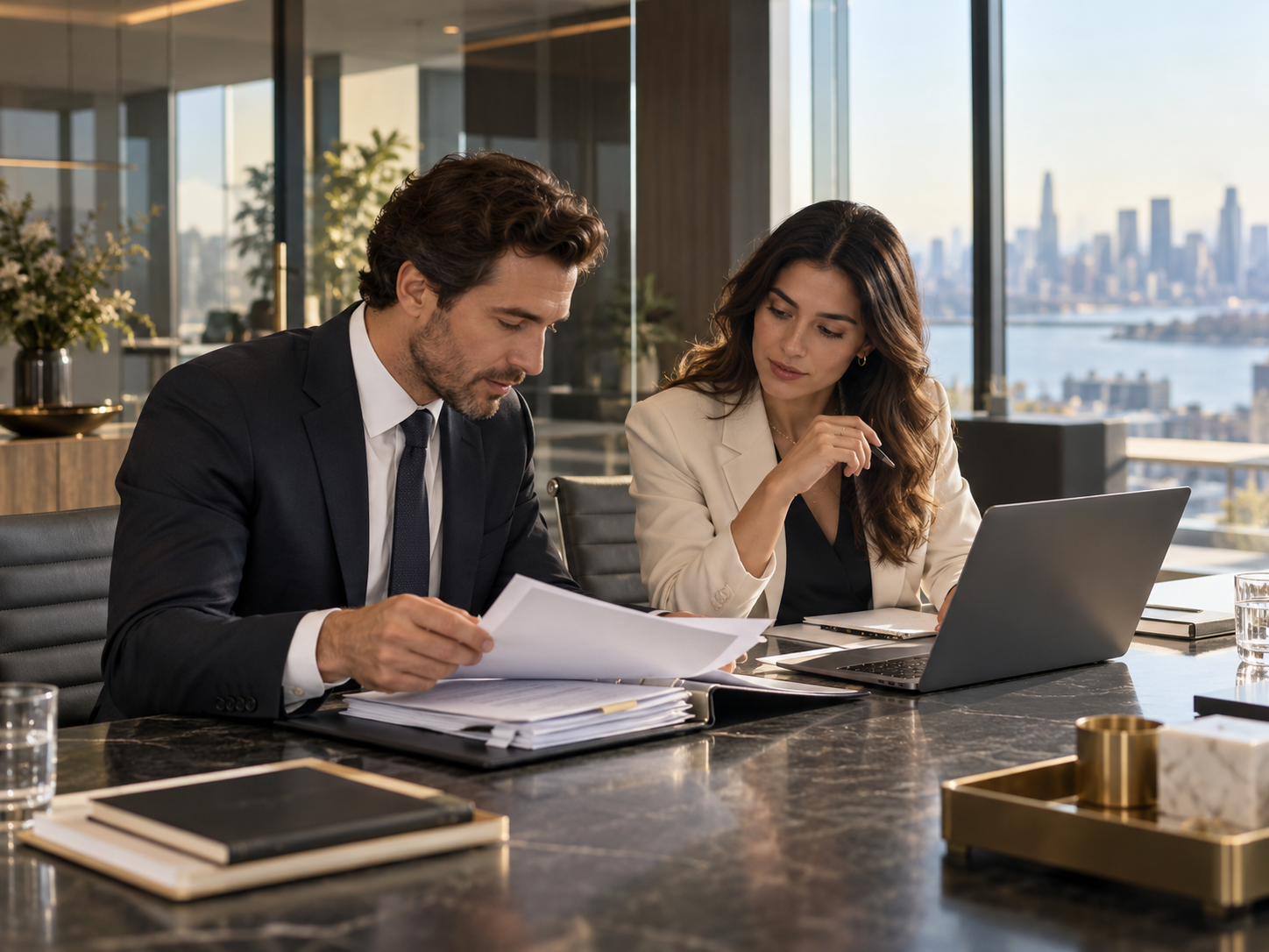 Two professionals checking documents and laptop records